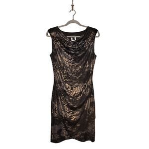 NUEVA $165 Sleeveless Draped Front Cowl‎ Neck Sheath Dress Black Gray US Size 6